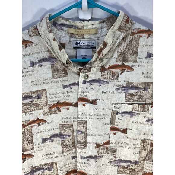 Columbia Sportswear Company River Lodge Fish Print SS Button Up Sz XL - Picture 1 of 3